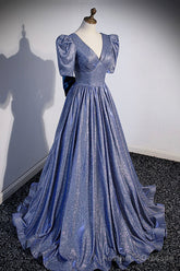 Blue Long A-Line Prom Dress, Simple V-Neck Short Sleeve Evening Dress